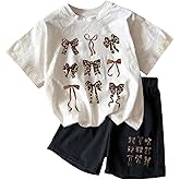 WDIRARA Girl's 2 Piece Set Cute Cherry Bow Print Tee Shorts Set Summer Outfits
