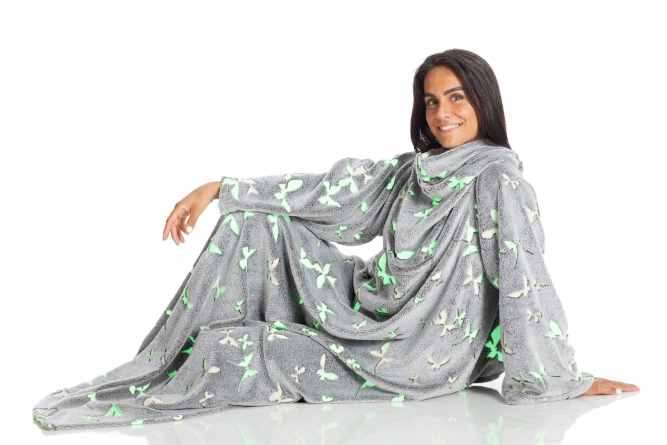 KANGURU Deluxe Glow in the Dark Stars Butterflies, fluffy blanket, fleece blanket, blanket with sleeves with Kangaroo pocket, for women, throw blanket, Gray, 140x180 cm