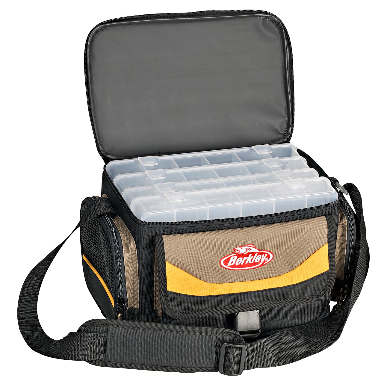 Berkley System 4 Box Storer - Fishing Tackle Bag with 4 Fishing Tackle Boxes, Cooler Segment for Bait, Lures and Gear, Waterproof Tackle Management Saltwater Sea and Freshwater Anglers, Yellow Black
