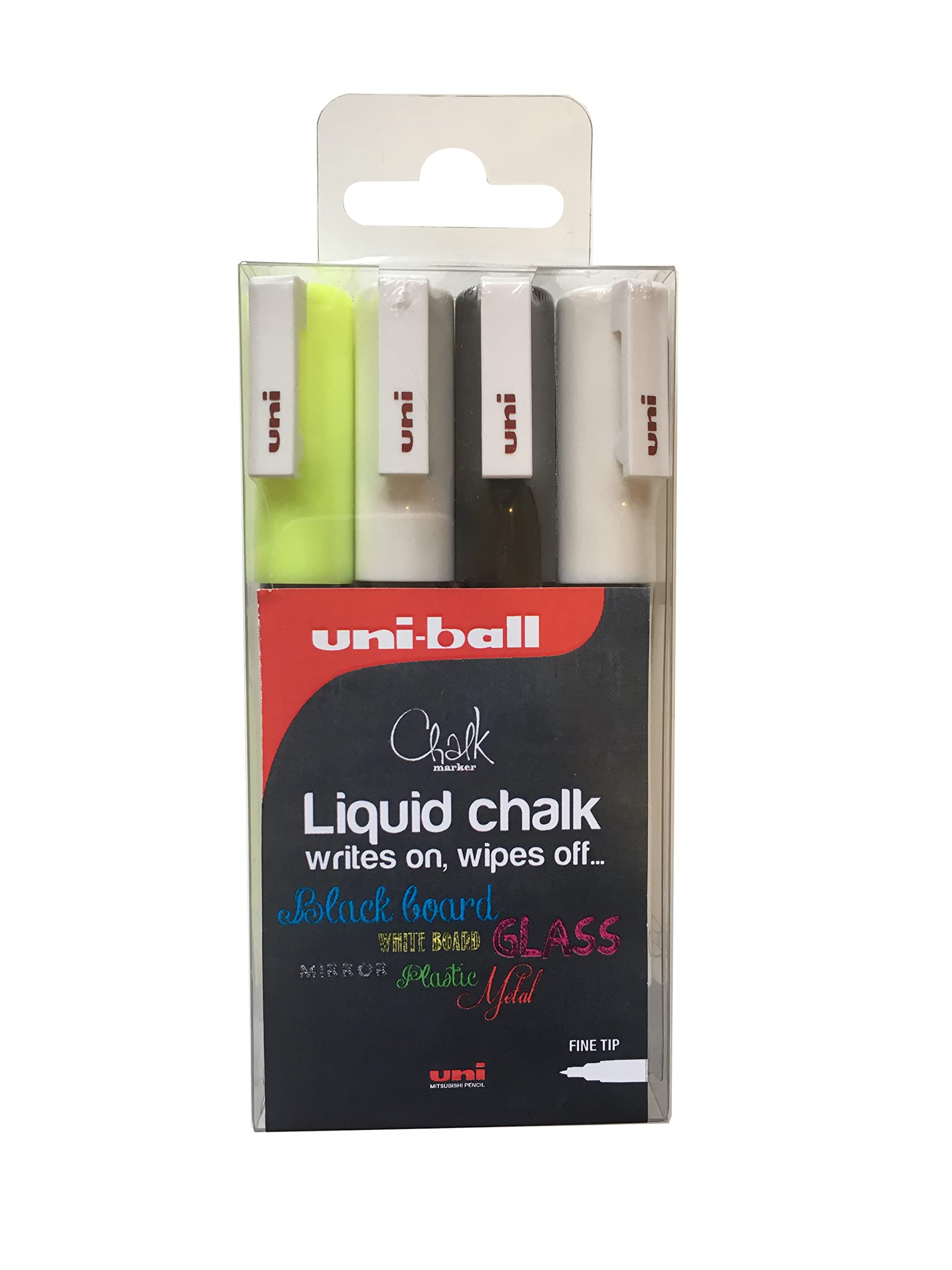 uni-ball PWE-3MS Multi Purpose Erasable Liquid Chalk Marker Pens for Chalkboards, Whiteboards, Glass, Mirrors, Plastic, Windows, Metal - Child Safe - Bullet Tip (Pack of 4)