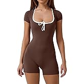 chicyes Women's Lounge Short Sleeve Bodycon Romper Stretchy Square Neck Sexy Unitard Jumpsuits Biker Shorts Outfits 2025