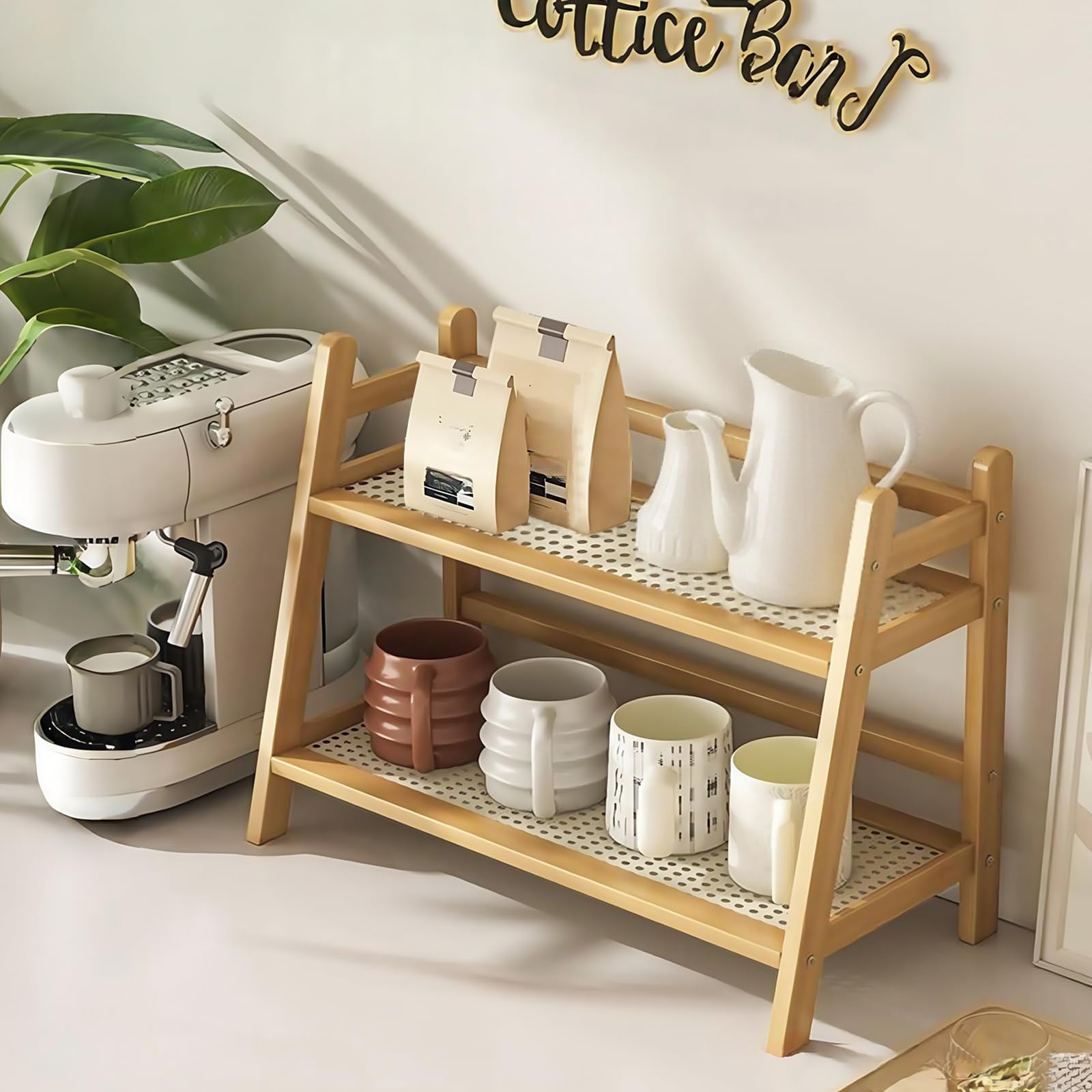 Photo 1 of D-werack Wicker-Look Coffee Station Organizer, Bamboo Mug Holder Countertop, Kitchen Counter Shelf for Tea Coffee Bar Accessories, Matcha Stand, Cup Display, Condiment Storage Rack, 2 Tier