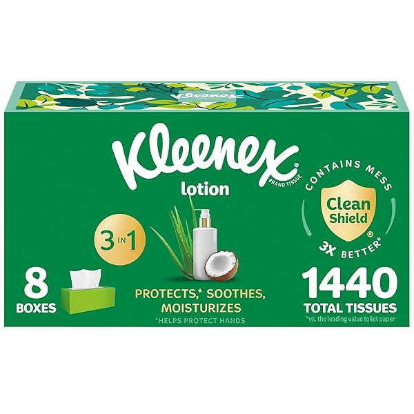 KLEENEX LOTION FACIAL TISSUES WITH COCONUT OIL, FLAT BOXE, 180 TISSUES BOX, 3-PLY