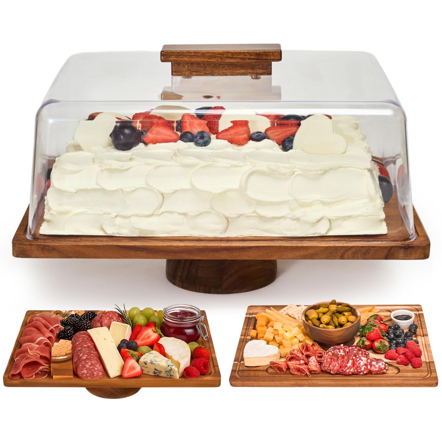 Photo 1 of RosiRoli Acacia Wood Cake Stand with Lid –2-in-1 Rectangular Charcuterie Board & Dessert Display, Shatterproof Acrylic Dome Cover for Freshness, Serving Platter for Parties, Weddings, Birthdays, Gifts