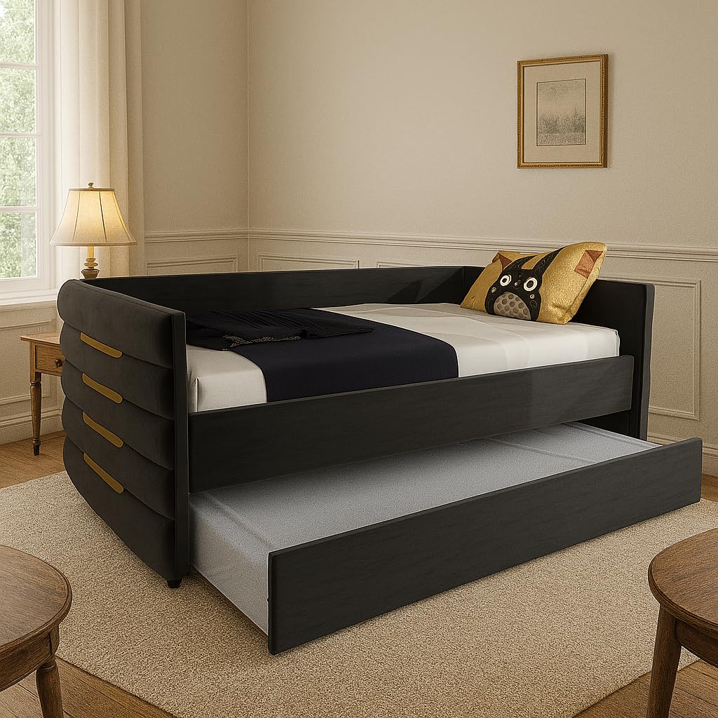 Photo 1 of **NOTE: ONE BOX OF TWO IS INCOMPLETE**   PVWIIK Twin Size Daybed with Trundle for Boy/Girl,Velvet Upholstered Wood Daybed w/Side Gold Iron Design & Soft Plaid Guardrail for Small Space Design,Black
