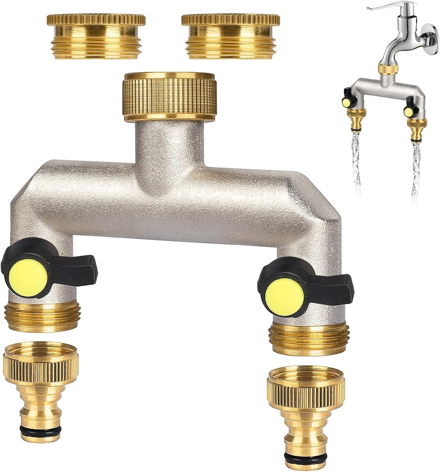 ilauke Tap Splitter 2 Way, 3/4" Garden Hose Tap Connector, Brass Manifold Two Way Washing Machine Hose Connector Hose Tap Splitter Extended with 3/4" to 1/2" Connector for Outdoor Garden Lawn Kitchen