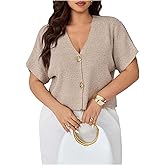 SHENHE Women's Plus Size Short Sleeve Cardigan Sweater Gold Button Up V Neck Dressy Knit Cardigan