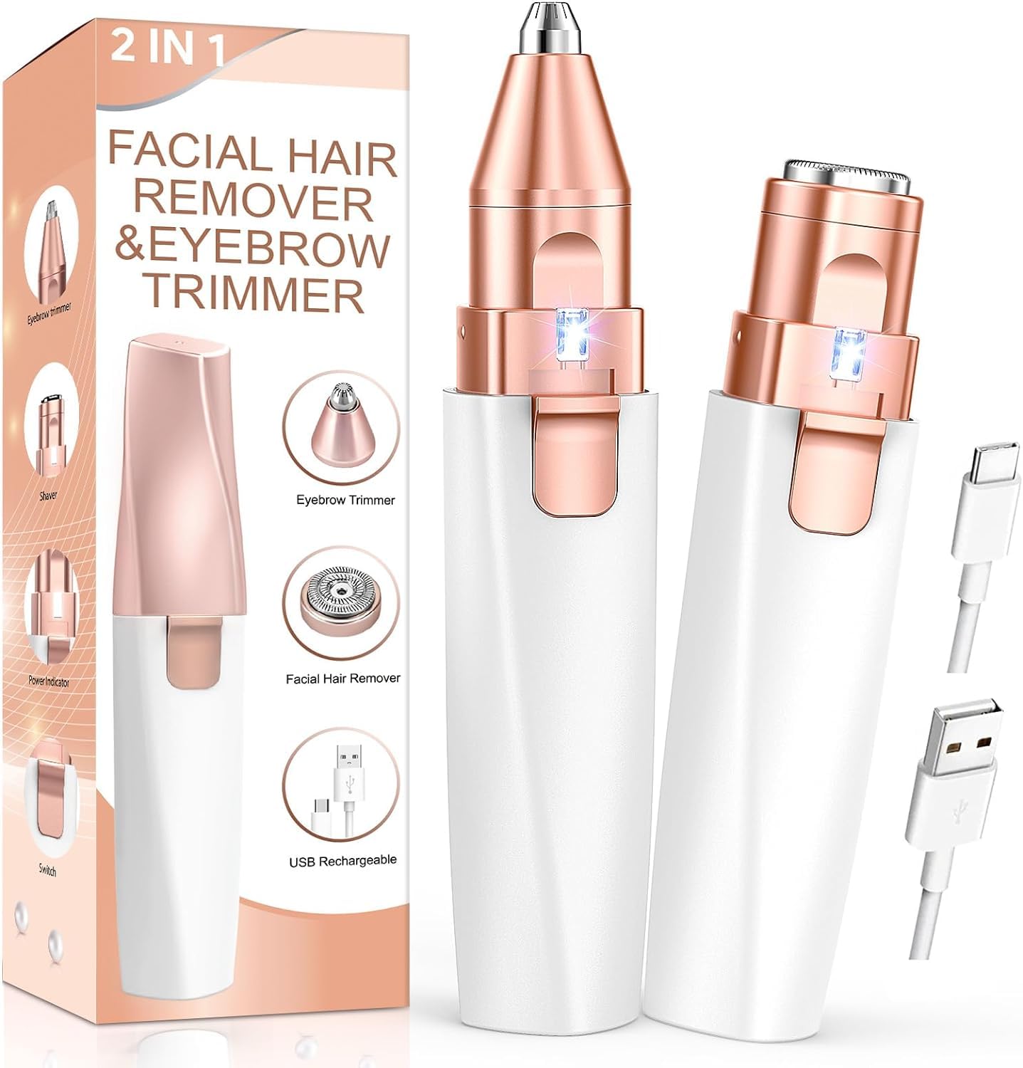 Facial Hair Remover for Women, Eyebrow Trimmer & Face Hair Remover 2 in 1 Face Shavers, Rechargable Eyebrows, Peach Fuzz, Lips, Arms