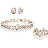 EVER FAITH 1920s Gatsby Faux Pearls Jewelry Set for Party, Crystal Simulated Pearl Vintage Inspired Chunky Choker Necklace Stud Earrings Sets for Women
