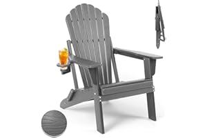 Plawdlik Folding Adirondack Chair,SGS Tested,Wooden Textured with Cup Holder,Widened Heavy All-Weather HDPE Comfortable Seating for Ourdoor Gery