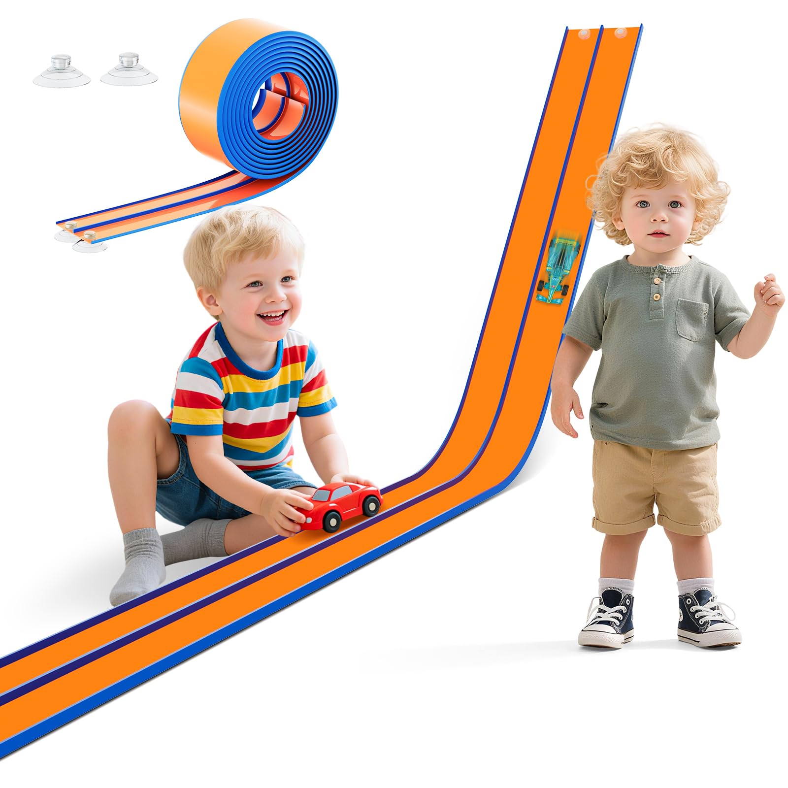 Photo 1 of 15 Ft Flexible Race Track for Kids – Portable Car Race Track Starter Set with Suction Cups, Rolls Up Easy, Compatible with 1/64 Diecast Cars, Birthday Gift for Boys & Girls Ages 3+ (Orange&Blue)