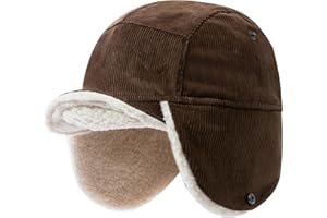 Gvatasz Cold Weather Winter Hat Corduroy Fleece Beanie Earflaps Warm Short Brim Baseball Cap Trapper Hat Russian Ushanka Hat