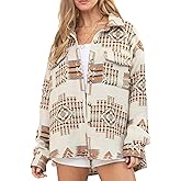 Joiemont Women Aztec Print Shirt Jacket Shacket Long Sleeve Loose Vintage Boho Wool Blend Coat Button Down Shirt Tops