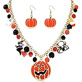 JERTOCLE Halloween Ghost Necklace Crystal Beaded BOO Pumpkin Pendant Choker Necklace with Pumpkin Drop Earrings Jewelry Set