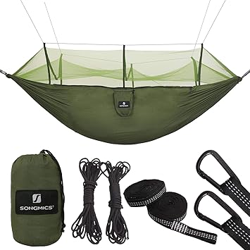 SONGMICS Ultraleichte Camping Hängematte mit Moskitonetz, aus Fallschirm Nylon Schnell Trocknende Atmungsaktiv, TÜV 300 kg Tr