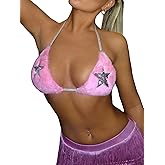 GORGLITTER Women's Sexy Rave Sequin Fuzzy Bra Top Lace Up Halter Backless Sleeveless Crop Cami Top