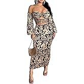 SHENHE Women's Off The Shoulder Twist Front Cut Out Top Lantern Sleeve Sexy Floral Crop Top