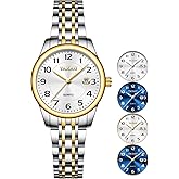 Taxau Women Dress Watches Elegent Waterproof Ladies Watch with Date Large Arabic Numerals Two Tone Stainless Steel Analog Quartz Small Wrist Watch Reloj Mujer