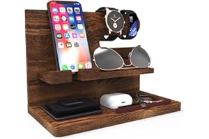 Iswabard Gift for Dad Gift for Husband Wood Phone Docking Station Organizer Men Birthday Nightstand Night Stand Accessories Docking Station Wood Bedside Organizer Christmas Gift