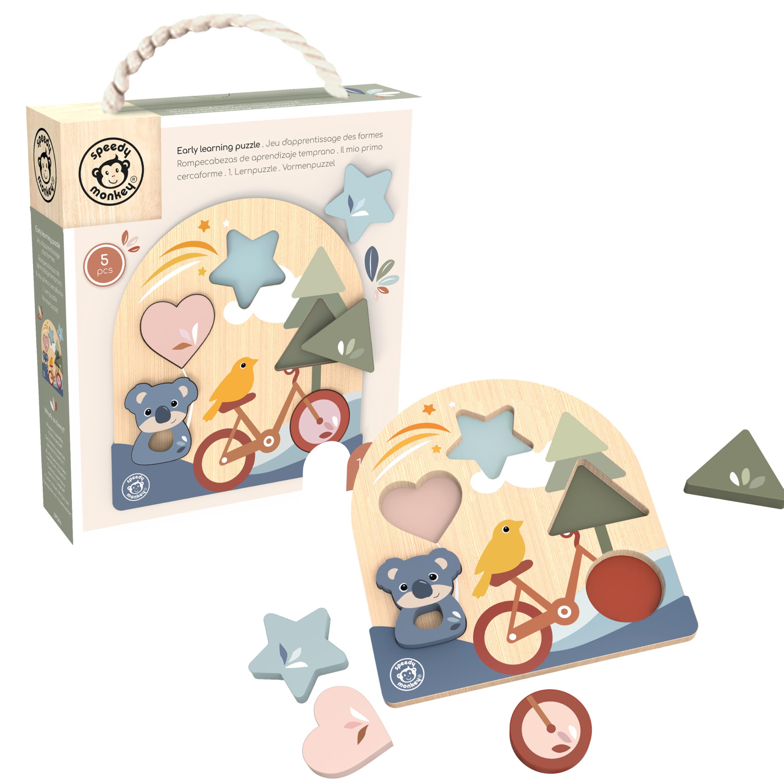 SPEEDY MONKEY Early Learning Puzzle for Toddlers 12m+ | 4-Piece Shape & Color Recognition Sorter Wooden Puzzle | Fine Motor Skills Sorting Board | Educational Activity Toy Gift for Kids