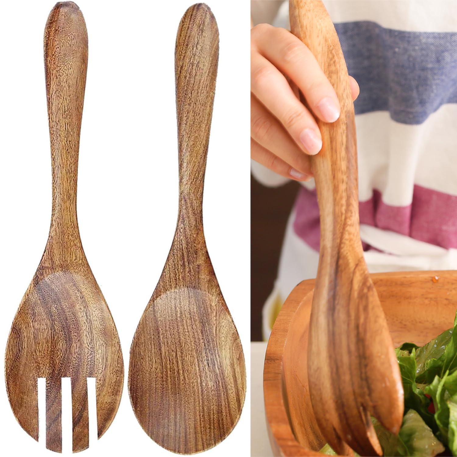 2 Pcs Salad Spoons and Fork Set,Durable Wood Salad Mixing Dinner Fork and Spoon Long Handle Salad Servers Set,Salad Mixing Dinner Fork and Spoon,Salad Wood Serving Spoons Set for Serving Saladf
