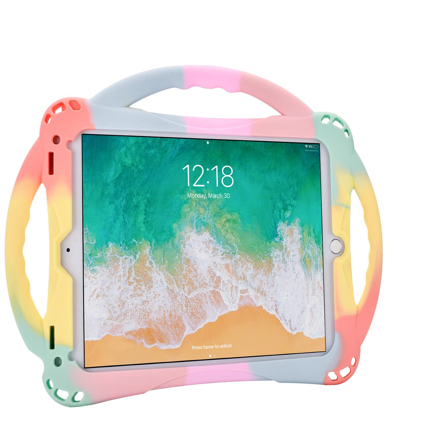 TopEsct Kids Case for iPad 6th/5th Gen, iPad Air/Air 2 & iPad Pro 9.7 inch, Built-in Handle Stand Comes with a Strap, Silicone Shockproof Protective Cover (Rainbow)