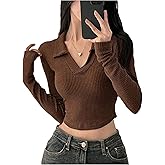 MakeMeChic Women's V Neck T Shirts Collared Long Sleeve Rib Knit Fitted Y2k Crop Tops