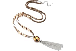 BULINLIN Boho Beaded Long Necklaces for Women Chunky Bead Pendant Necklace with Crystal Tassel Costume Jewelry Gifts for Her