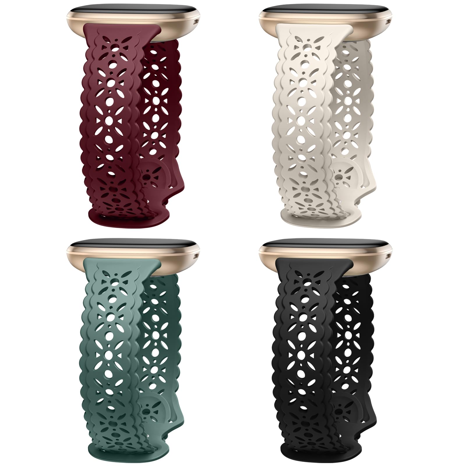 Charlam 4 Pack Lace Silicone Straps Compatible with Fitbit Versa 3/ Versa 4 Straps/Fitbit Sense/Sense 2 Strap, Soft Silm Hollow-out Sport Watch Strap Replacement Wristbands for Women Girls