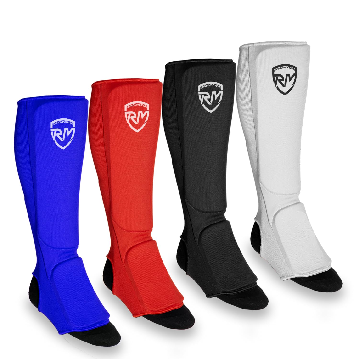 RingMaster Elastic Shin Instep Pads Leg Foot Guard Kickboxing Karate MMA Thai Martial Arts Training (Pair) (Large, Blue)