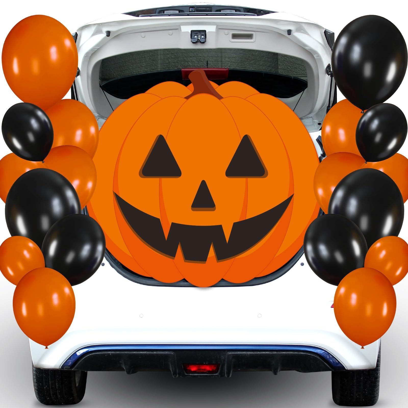 Photo 1 of Halloween Trunk or Treat Car Decoration Set 55.9 X 51.2 Inch Pumpkins Expression Backdrop and Balloons Trunk Decorating for Car Suv Truck Garage Door Decor Halloween Party Home Haunted House Decor