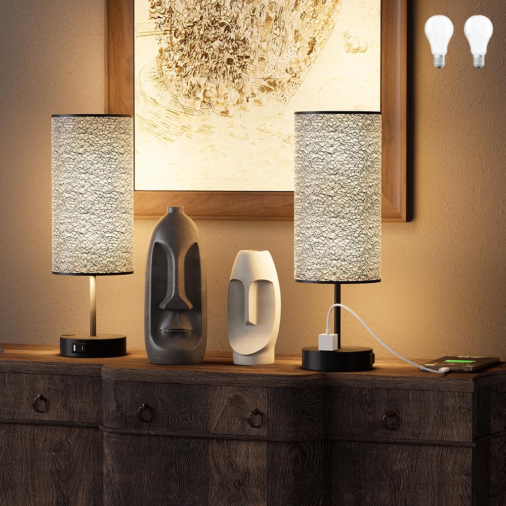 Photo 1 of Table Lamp for Bedroom with Touch Control,Bedside Lamp with USB C+A Charging Ports& AC Outlets, Adjustable 3color LED Light for Home Decor/Nightstand/Bedroom/Office,Included Bulb and Fabric Lamp Shade