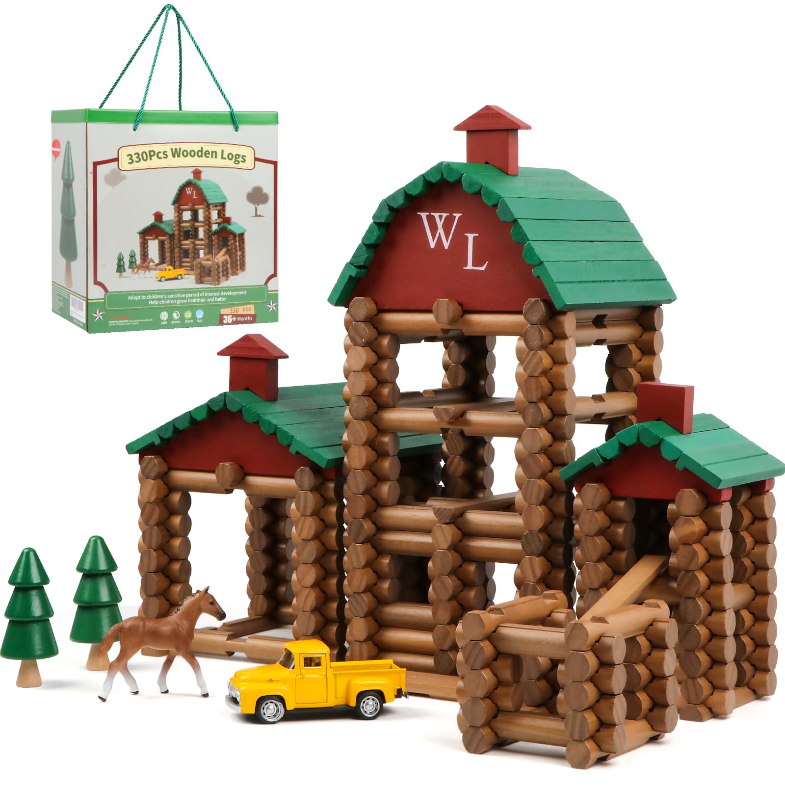 Photo 1 of Wondertoys 330 Pcs Wooden Log Set Real Wood Logs Classic Building Log Ages 3+ Best Retro Building Gift Set for Boys Creative Construction Engineering Educational Gifts