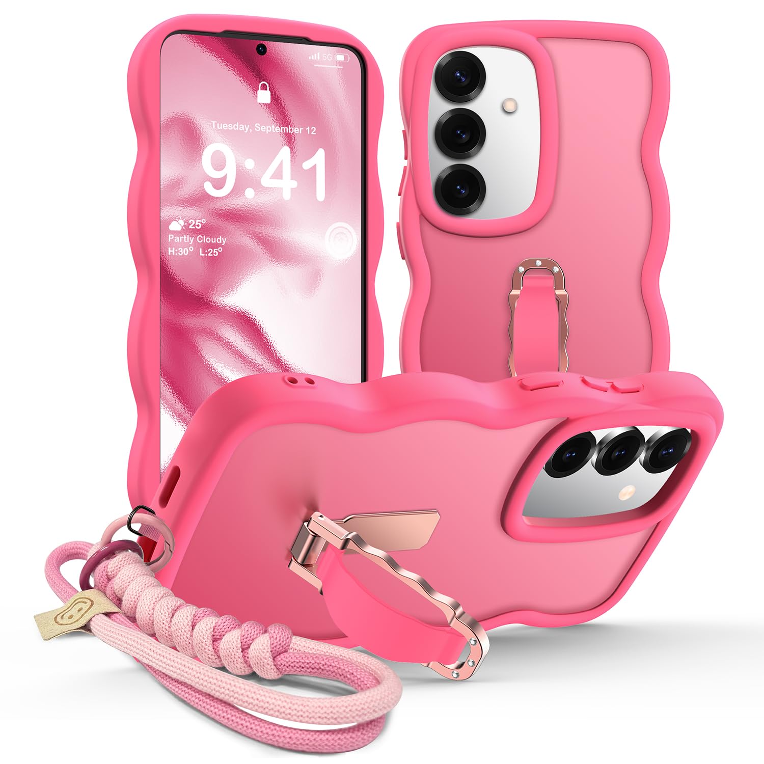 XYZ for Samsung Galaxy S24/S25 Case with Stand and Strap, Curly Wavy Phone Case for Women Girls, Translucent Matte Shockproof Protective Cover for Galaxy S24/S25, HotPink
