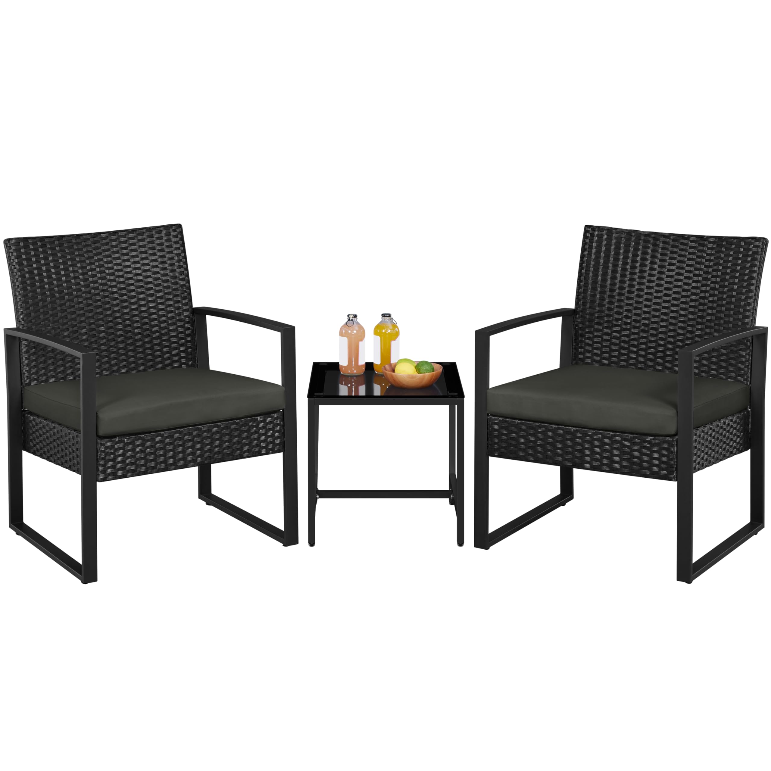 Yaheetech 3 Pieces Rattan Bistro Set, Indoor/Outdoor Wicker Patio Modern Conversation Furniture, 2 Chairs & Tempered Glass Coffee Table for Garden, Balcony, Backyard, Poolside, Black/Gray Image