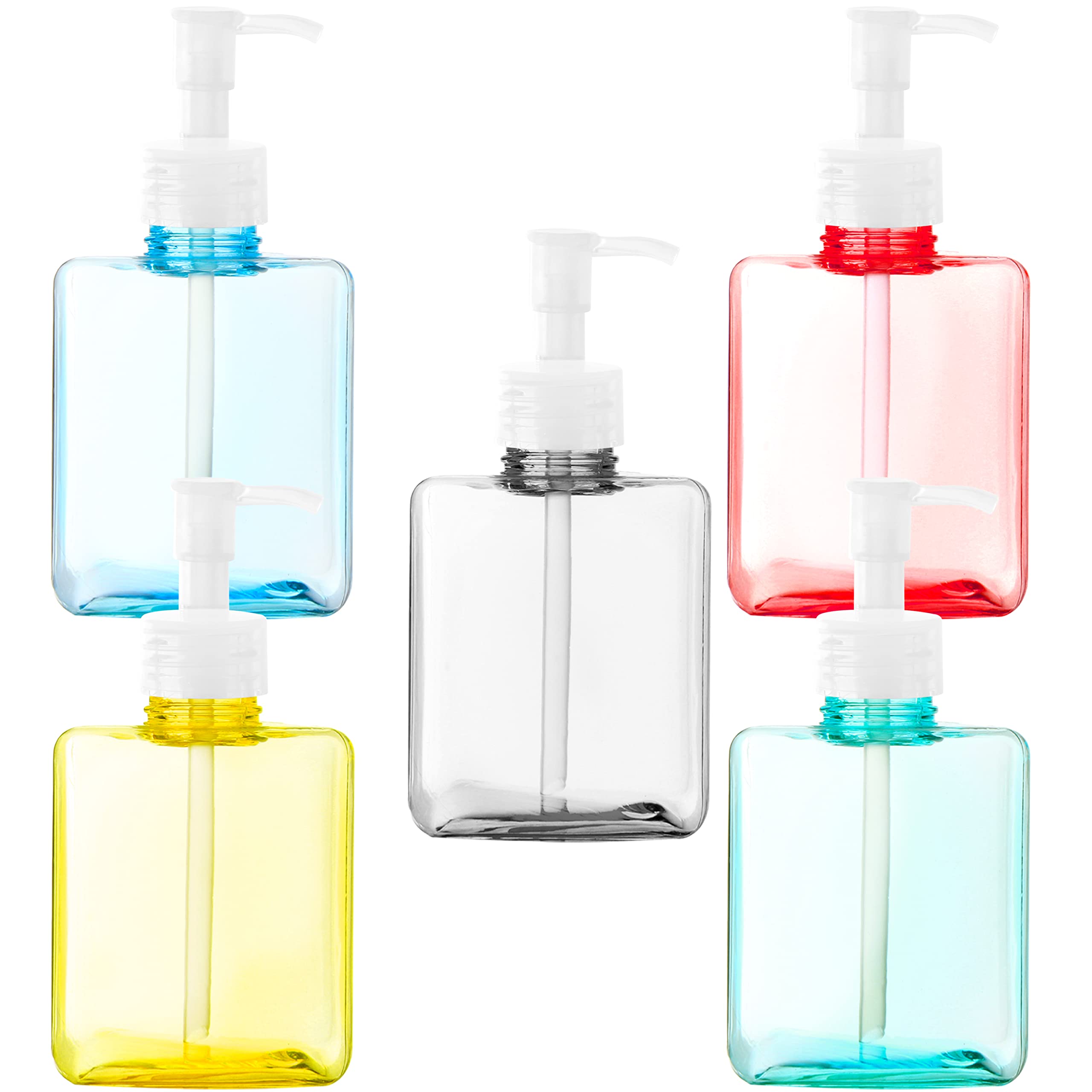 Youngever 5 Pack Color Plastic Square Pump Bottles, Refillable Plastic Pump Bottles for Dispensing (350ML)
