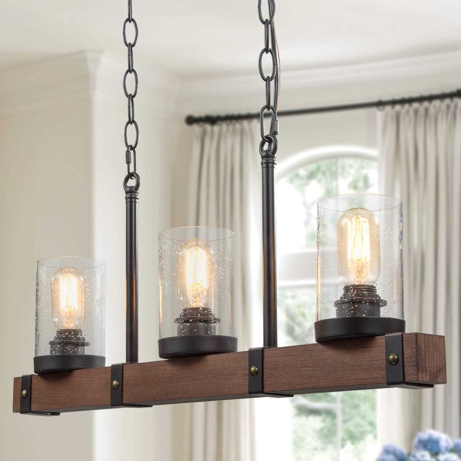 Kitchen Island Lighting Farmhouse Dining Room Chandelier With Seeded Glass Wood Pendant Light Fixture 25 5 In Length 3 Lights Amazon Com