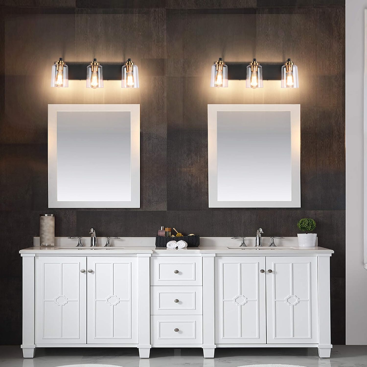 SOLFART Vintage Vanity Lighting Fixtures for Bathroom Modern Glass Shade Black with Bronze Wall Lamp Sconce Lights for Bath S8580 4 Lights: Home Improvement