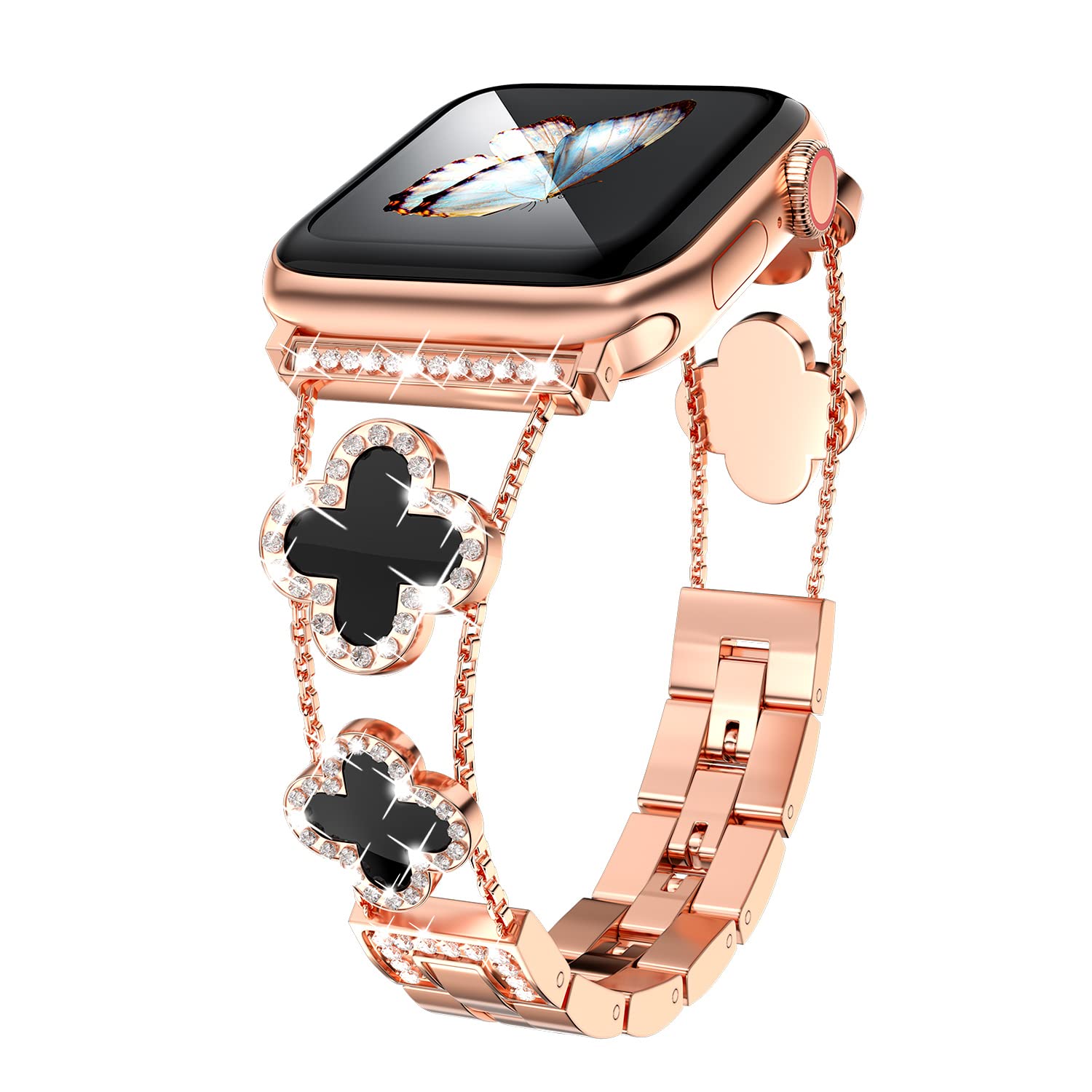 Replacement Straps for Apple Watch 44mm 42mm 40mm 38mm, Bling Women Crystal Rhinestone Adjustable Stainless Steel Four Leaf Clover Metal Bracelets for iWatch Series SE 7 8 6 5 4 3 2 1