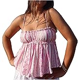 Women Y2K Floral Babydoll Top Sleeveless Spaghetti Strap Ruffle Tank Top Summer Cute Flower Print Peplum Cami Vest