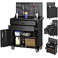GangMei Black Tool Cart with 2 Drawer and Lockable Door,Garage Storage Cabinet on Wheels with Pegboard and 4 Hooks for Mechanics, Garage, Workshop, Assembly Required