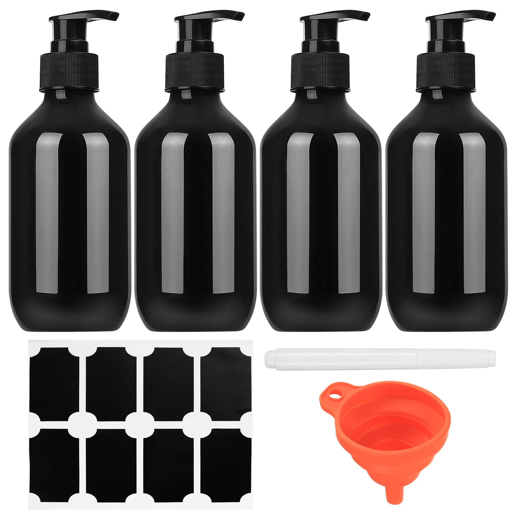4 Pcs 300ml Pump Dispenser Bottles, Refillable Empty Soap Lotion Dispenser Pump Bottles, Shampoo and Conditioner Liquids Dispenser with Pump for Bathroom, with Funnel and Sticker (black)