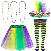 baotongle Mardi Gras Tutu Skirt Costume Accessory Set Faux Feather Headband with Long Socks 3 Beads Mardi Gras Necklace for Women Girls
