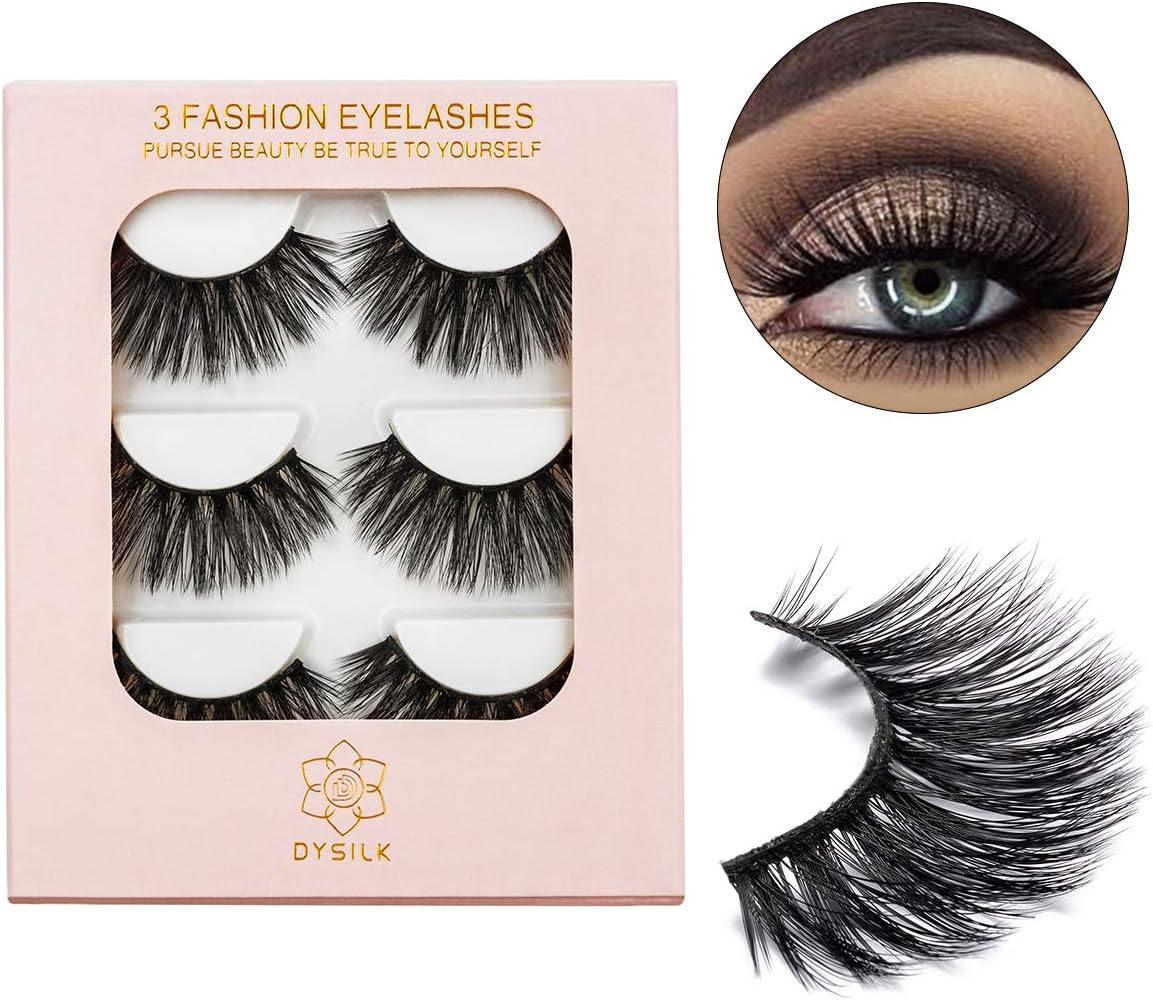 DYSILK 3 Pairs 6D Faux Mink Eyelashes Wispy Fluffy Dramatic False Eyelashes Extension Natural Look Makeup Long Fake Eyelashes Handmade Soft Reusable Lashes Black