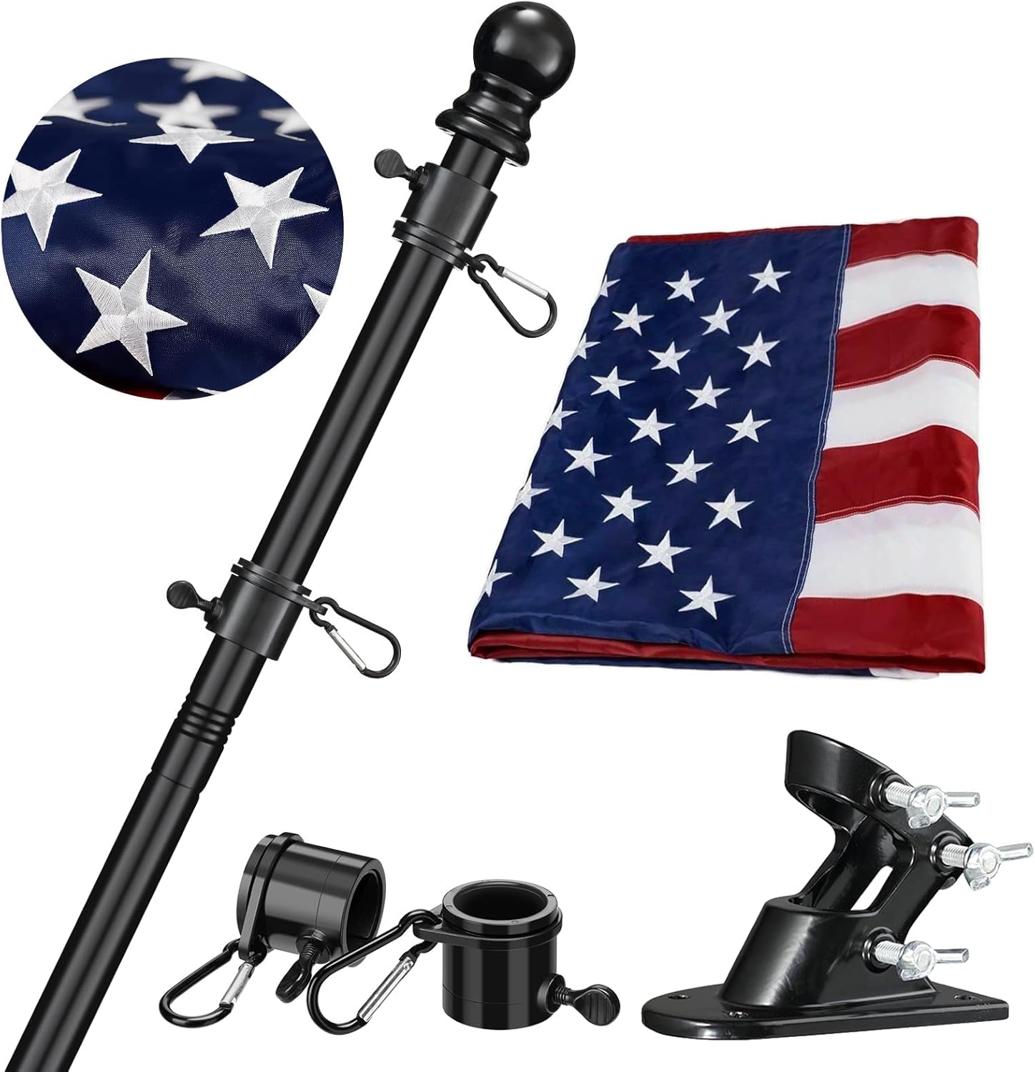 Flagpole Hardware - Flag Pole for House with US Flag - Black Flag Pole Kit Includes 6ft Metal Flagpole,3x5 Embroidered American Flag and Bracket,Tangle Free Portable for Outdoor,Porch,Garage
