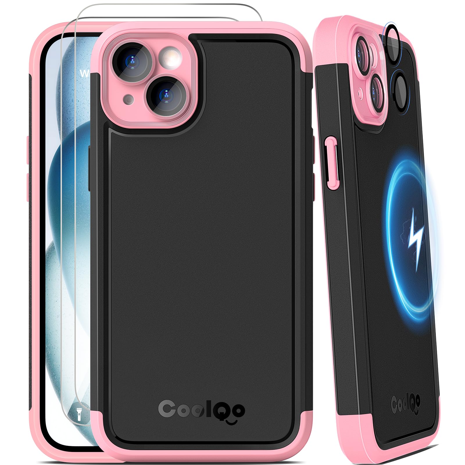 Photo 1 of COOLQO Magnetic for iPhone 13 Case iPhone 14 Case, [6 in 1], 2X[Screen Protector + Camera Lens Protectors][15FT Mil-Grade Protection] Shockproof Phone Cover, Black Pink