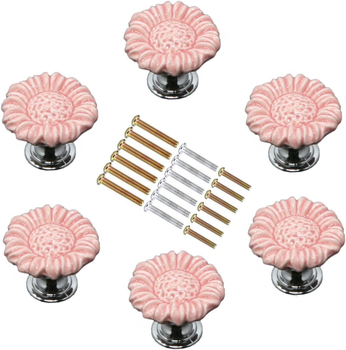 MARSTREE 37mm Sunflower Shaped Ceramic Knobs Drawer Handles Pulls for Wardrobe Cupboard Dresser Cabinet Closet Kitchen Furniture with Screws (Pack of 6, Pink)