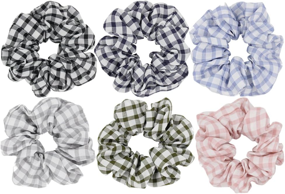 Pack of 6 Check Plaid Hair Scrunchies Gingham Checks Ponytail Holder for Women Accessories