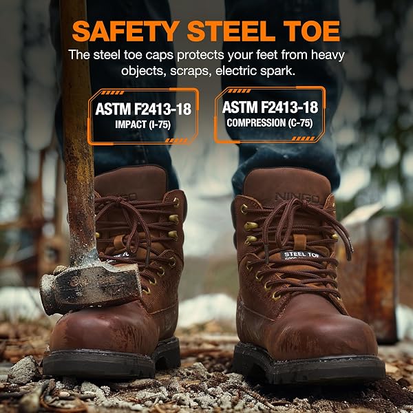 NINGO WATERPROOF STEEL TOE WORK BOOTS FOR MEN, 6″ NON SLIP COMFORTABLE LEATHER WORKBOOTS, MENS SAFETY CONSTRUCTION SHOES FOR OUTDOOR INDUSTRIAL