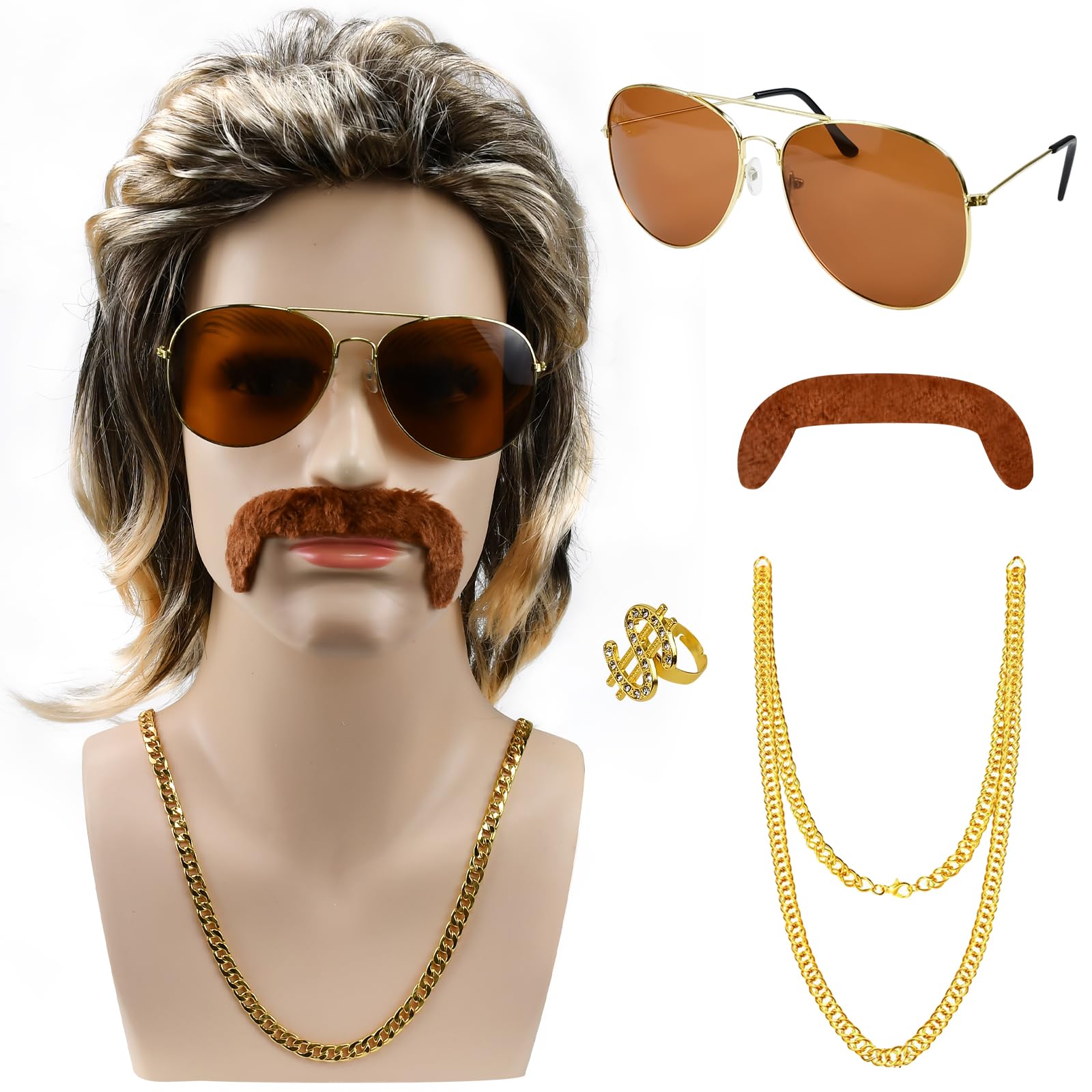 EMAGEREN Rock Star Wig Set - 80s Pop Icon with Aviator Sunglasses, Necklace Ring, Fake Beard, Blonde Brown Mullet Long Curly Rocker Costume and 70s Accessories